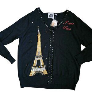 VTG Storybook Knits Paris‎ Eiffel Tower Cardigan Sweater Beaded Sz XL 1X NWT
